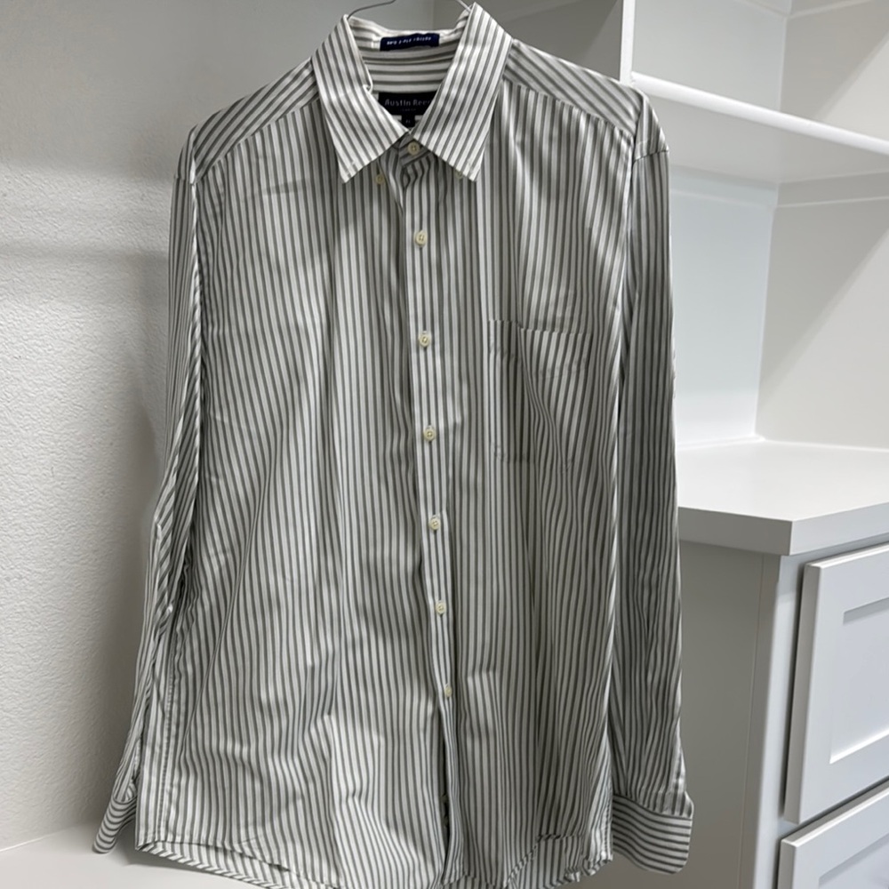 Austin Reed Mens XL Long Sleeve Button Down White Gray Stripe Dress Shirt Cotton